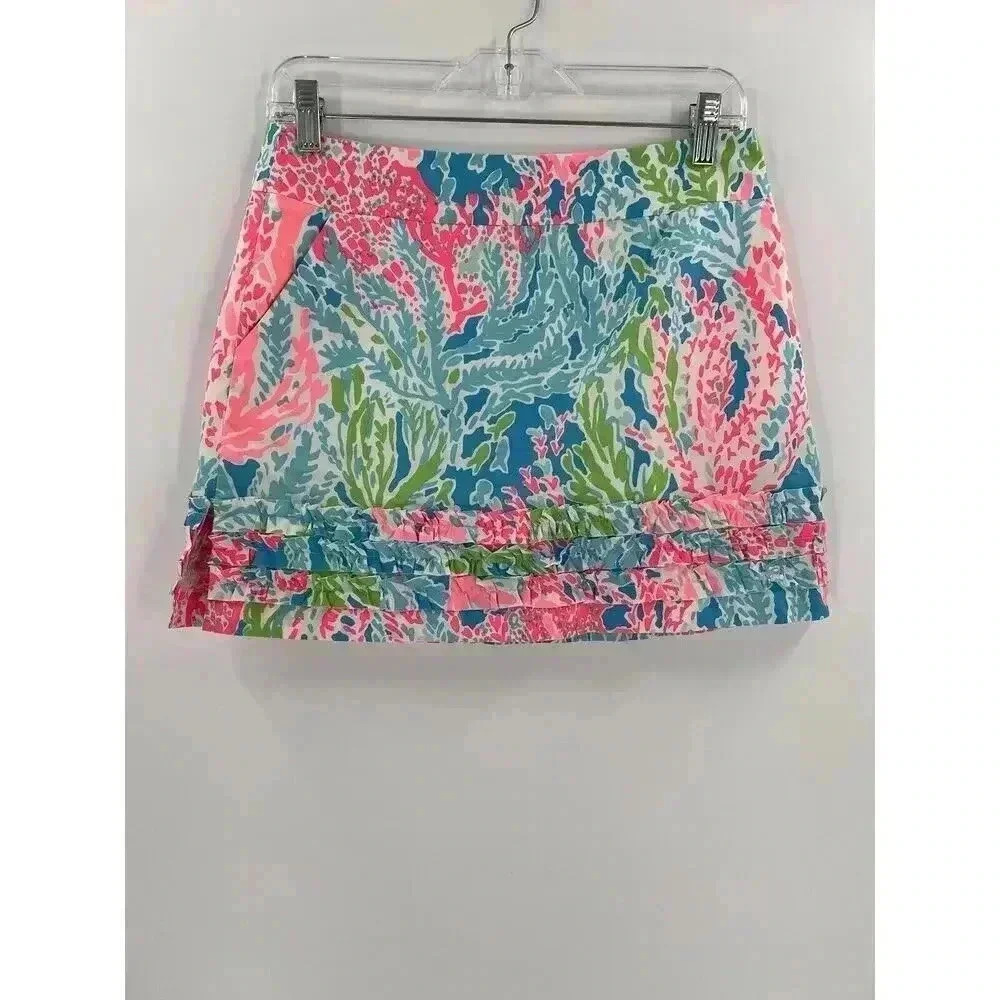 Lilly Pulitzer Turquoise Let’s Cha Cha Marigold Skort Ruffles Size 0 Excellent C